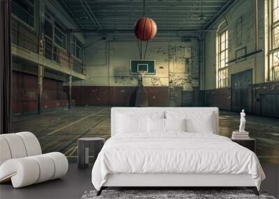 Lonely basketball in mid air inside a deserted, vintage school gym Wall mural