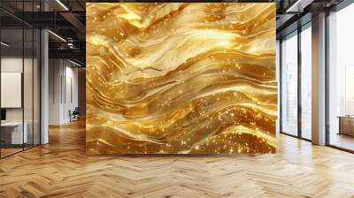 Luxurious golden swirl abstract background with elegant metallic texture, shimmering sparkle, and stylish undulating curves for modern digital design and festive celebration Wall mural