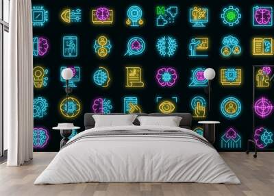 Machine learning icons set. Outline set of machine learning vector icons neon color on black Wall mural