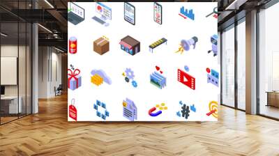 Marketing tools icons set isometric vector. Digital game. User social media Wall mural