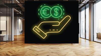 Neon signboard style illustration of a hand holding euro and dollar coins, representing the concept of currency exchange Wall mural