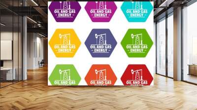 Oil pump icons 9 set coloful isolated on white for web Wall mural