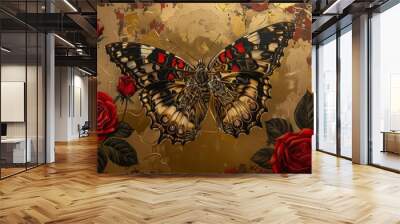 Painting of a butterfly with spread wings surrounded by red roses on a gold textured background Wall mural