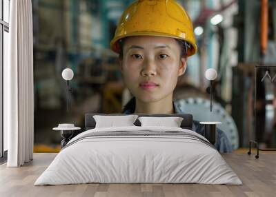 Portrait of a determined young woman wearing a hard hat in an industrial setting, showcasing professionalism Wall mural