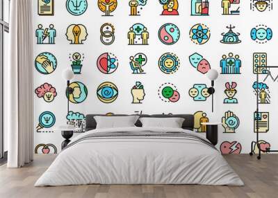 Psychologist icons set. Outline set of psychologist vector icons thin line color flat on white Wall mural