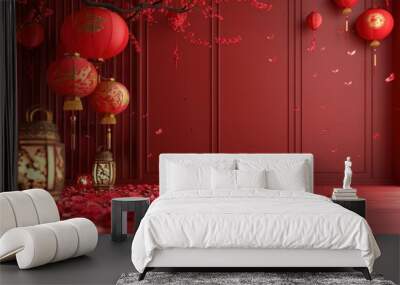 Red lanterns hanging from a cherry tree branch in a room with red walls decorated for chinese new year celebration Wall mural