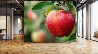 Ripe red apple with water droplets, set against green leaves on a tree Wall mural