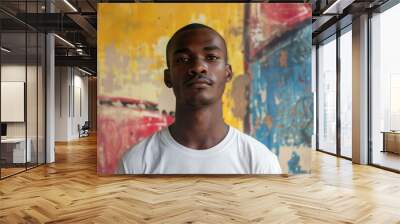 Serious young man is posing in front of a bright colorful wall Wall mural