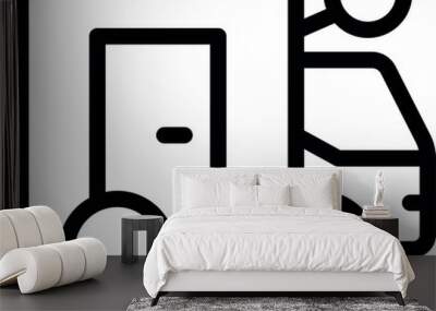 Simple black and white line art icon of a delivery truck, symbolizing transportation and distribution Wall mural