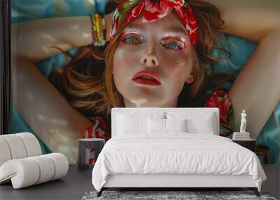 Striking redhead woman with a headband lying down, bathed in the warm glow of summer sunshine Wall mural