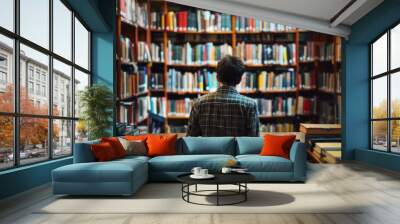 Student is standing in a library and choosing a book for research Wall mural