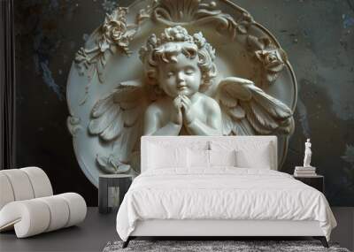 Top view of a serene angelic cherub statue with folded hands on an ornate plate Wall mural