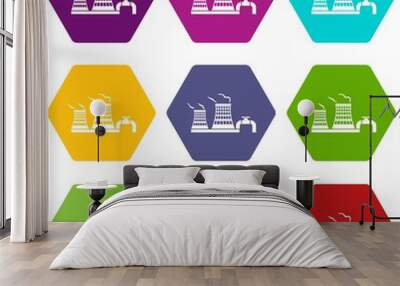 Tower of chemical factory icons 9 set coloful isolated on white for web Wall mural