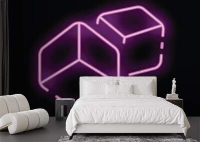 Two neon cubes are glowing purple against a black background Wall mural