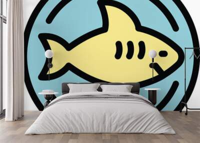 Yellow shark with black contours swimming peacefully in blue water inside a round icon with black stroke Wall mural