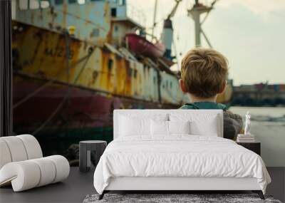 Young child wearing a yellow jacket looking at old ship in the distance Wall mural