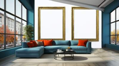 Two gold rectangular frames for painting or picture on white background. Isolated. Add your text. Wall mural