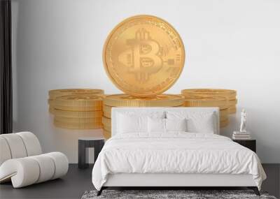 Bitcoin coin symbol. 3D illustration of gold Bitcoin coins logo on the white reflected background. Wall mural