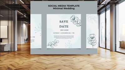 Minimal Wedding Invitation social media post template with floral frame line art hand drawn leaf and flower Wall mural