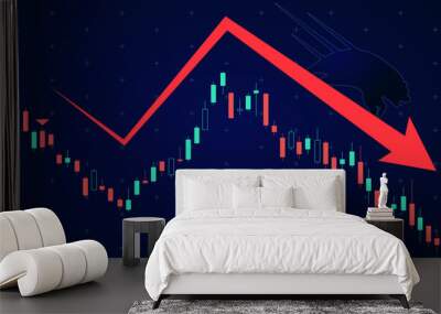 Big arrow hidden bear pulling down, financial stock market chart candle stick bar diagram forecast analysis. Wall mural