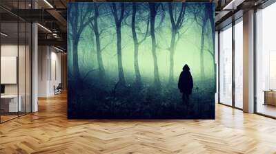 A dark scary concept. Of a mysterious figure, walking through a forest. Silhouetted against trees in a forest. With a grunge, textured edit. Wall mural