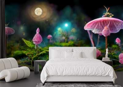 antasy magical mushrooms and butterfly in enchanted fairy tale dreamy elf forest with fabulous fairy Wall mural