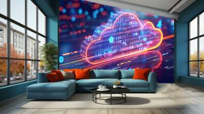 abstract digital cloud pattern, fantasy data and code texture, 3D digit technology illustration Wall mural