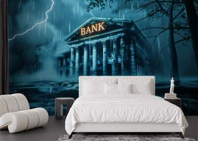 bank in water, broke and bankruptcy concept, economy recession, finance crisis, business failure Wall mural