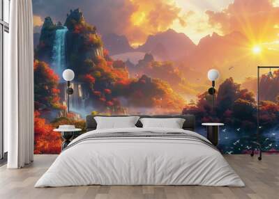 fantasy landscape with sunrise or sunset, amazing nature view. Wall Art Poster Print Design for Home Decor, 4K Wallpaper and Background for Computer, Smartphone, Cellphone, Mobile Cell Phone, desktop Wall mural