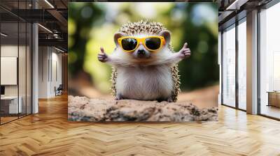 funny hedgehog wearing sunglasses and doing thumbs up, animal cartoon. Design for Wall Art, Poster Print, Wallpaper & Background Wall mural