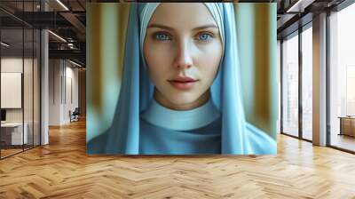 Portrait of an abbess in blue headscarf, evoking a serene and spiritual atmosphere, suitable for cultural or religious events. Wall mural