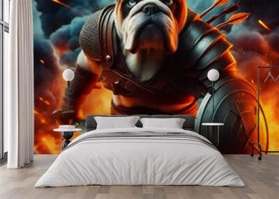 portrait of anthropomorphic bulldog as a fighter with sword, cool dog as soldier, background is fire, flame, blast, explosion and smoke, hero warrior, action movie still, wall art and wallpaper Wall mural