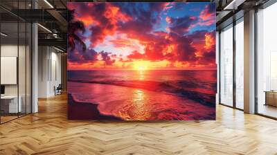 tropical island beach at sunset or sunrise, dusk or dawn, travel and landscape. Wall Art Design for Home Decor, 4K Wallpaper and Background for Computer, Smartphone, Cellphone, Mobile Cell Phone Wall mural