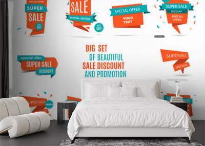 Sale banner collection. Big set of beautiful orange sale discount and promotion banners. Vector elements for website design. Special offer tag Wall mural