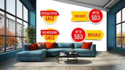 Sale round banner set, circle special offer tag collection. Hot deal 50% off badge template, this weekend only sale icon Wall mural