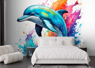 Dolphin painting on clean background. Undersea animals. Illustration, Generative AI. Wall mural