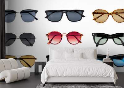 Group of beautiful sunglasses isolated on white background. Costume Fashion. Wall mural