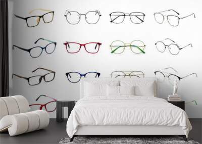 Group of modern fashionable spectacles isolated on white background, Perfect reflection, Glasses frame. Wall mural