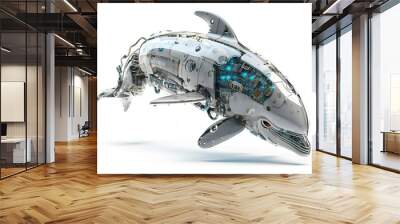 Image of a dolphin modified into a electronics robot on a white background. Wildlife Animals. Illustration, Generative AI. Wall mural