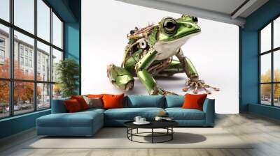 Image of a green frog modified into a robot on a white background. Wild animal. illustration, generative AI. Wall mural