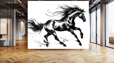 Image of a horse drawing using a brush and black ink on white background. Wildlife Animals. Illustration, generative AI. Wall mural