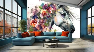 Image of a horse head surrounded by colorful tropical flowers. Wildlife Animals. Illustration, Generative AI. Wall mural