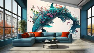 Image of brightly colored dolphin with colorful tropical flowers. Wild Animals. Illustration. Generative AI. Wall mural