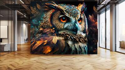 Image of colorful owl on dark background. Wildlife Animals. Bird. Illustration. Generative AI. Wall mural