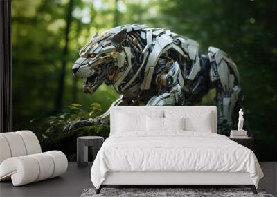 Image of lion gundam robot technology an ectronic in the forest. Wildlife Animals. Generative AI, Illustration. Wall mural