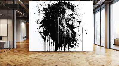 Image painting of a lion head drawing using a brush and black ink on white background. Wildlife animals. Illustration, Generative AI. Wall mural