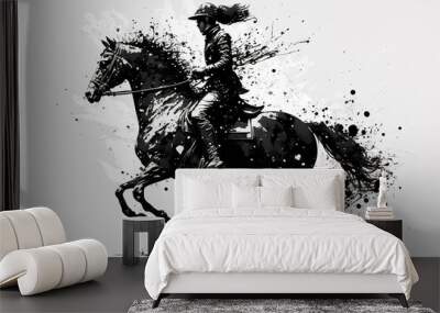 Image painting of person riding a horse drawing using a brush and black ink on white background. Farm animals. Illustration, Generative AI. Wall mural