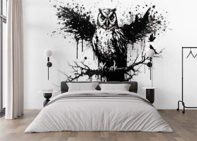 Painting of an owl drawing using a brush and black ink on white background. Birds. Wildlife animals. Illustration. Generative AI. Wall mural