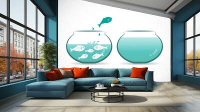 Vector image of an fish jumping out of aquarium. Freedom concept Wall mural