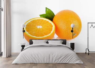 whole and half cut fresh Navel orange with leaf on white background Wall mural